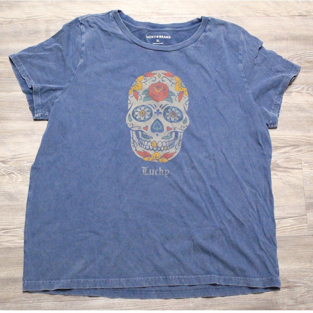 Lucky Brand Tee Sugar Skull Graphic Blue Faded Cotton XL Short Sleeve Crewneck